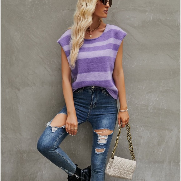 STRIPED ROUND NECK CAP SLEEVE KNIT TOP - Picture 3 of 3